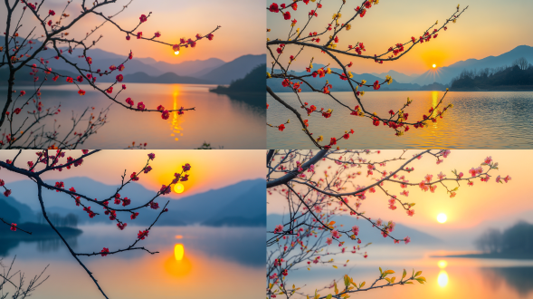 黄色的梅花和红色的梅花盛开在延伸的枝条上，背景是湖泊，夕阳西下，远处雾，远处是慢慢的山脉，超大面积的天空，中长焦镜头，超高清晰度，超细节，高清细节和质量8k，柔和独特的色彩，平滑纹理，舒适神秘，迷人魅力，真实风景，唯美意境，高清画质