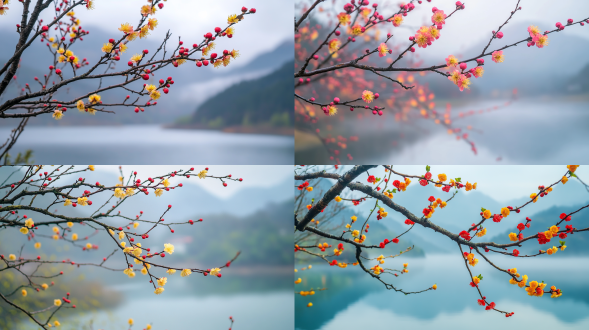 黄色的梅花和红色的梅花盛开在延伸的枝条上，背景是湖泊，雨后清晨，天空，远处雾，远处是慢慢的山脉，中长焦镜头，超高清晰度，超细节，高清细节和质量8k，柔和独特的色彩，平滑纹理，舒适神秘，迷人魅力，真实风景，唯美意境，高清画质