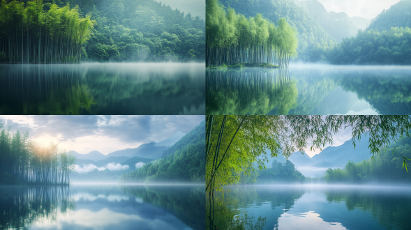 竹林，背景是湖泊，倒影，雨后清晨，第一缕阳光，远处雾，远处是慢慢的山脉，中长焦镜头，超高清晰度，超细节，高清细节和质量8k，柔和独特的色彩，平滑纹理，舒适神秘，迷人魅力，真实风景，唯美意境，高清画质