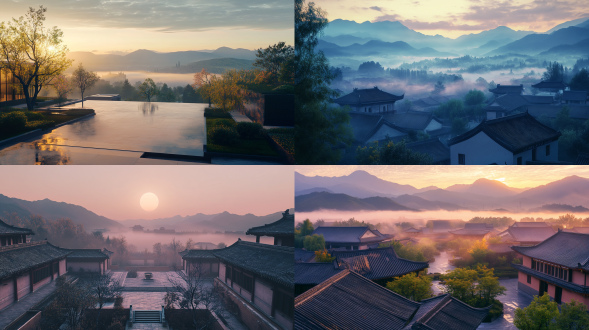 桃院，雨后清晨，远处雾，远处是慢慢的山脉，超高清晰度，超细节，高清细节和质量8k，柔和独特的色彩，平滑纹理，舒适神秘，高空俯拍，远景，真实风景，唯美意境，高清画质质