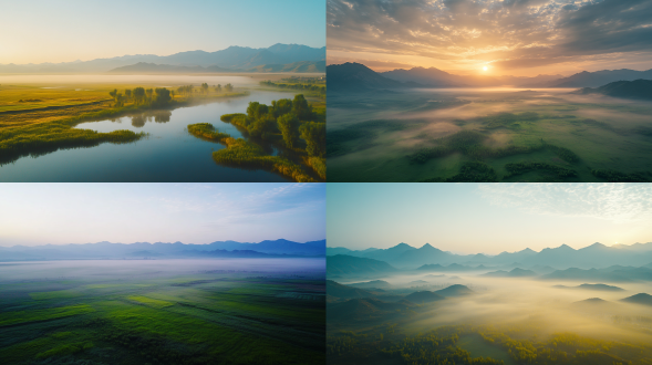 夏日清凉，新疆伊犁，雨后清晨，远处雾，远处是慢慢的山脉，超高清晰度，超细节，高清细节和质量8k，柔和独特的色彩，平滑纹理，舒适神秘，高空俯拍，远景，真实风景，唯美意境，高清画质质