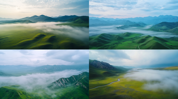 夏日清凉，青海卓尔山美景，雨后清晨，远处雾，超高清晰度，超细节，高清细节和质量8k，柔和独特的色彩，平滑纹理，舒适神秘，俯拍，远景，真实风景，唯美意境，高清画质