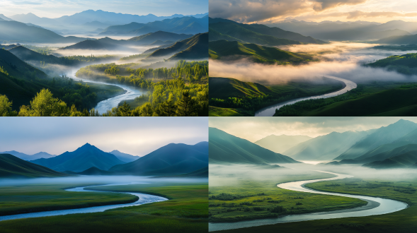 夏日清凉，青海祁连山美景，山下蜿蜒的河流，雨后清晨，第一缕阳光，远处雾，柔和独特的色彩，平滑纹理，舒适神秘，远景，真实风景，唯美意境，高清画质