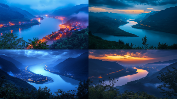 夏日清凉，江南美景，夜晚，山下蜿蜒的河流，雨后，柔和独特的色彩，平滑纹理，舒适神秘，远景，真实风景，唯美意境，高清画质