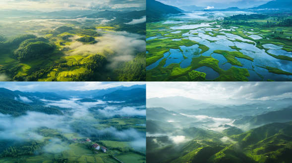夏日清凉，云贵高原，雨后，清晨，柔和独特的色彩，平滑纹理，舒适神秘，俯拍，远景，真实风景，唯美意境，高清画质