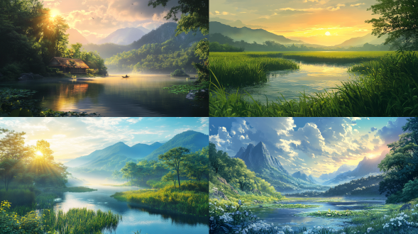 夏日清凉，楚地美景，雨后，清晨，第一缕阳光，柔和独特的色彩，平滑纹理，舒适神秘，远景，真实风景，唯美意境，高清画质