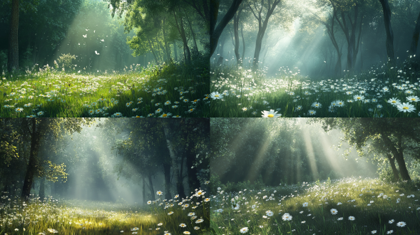 清凉夏日，雨后清晨, 被薄雾笼罩的森林，有雏菊和草，阳光透过森林照射进来。氛围空灵而神奇，营造出迷人的场景，远景，真实风景，唯美意境，高清画质