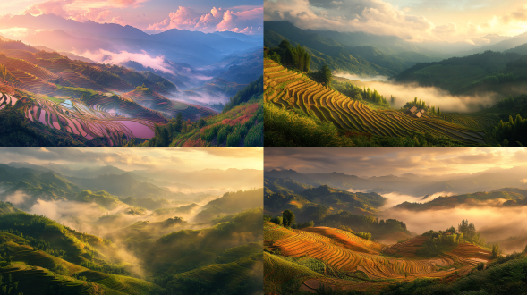 清凉夏日，雨后清晨, 庄嫁成熟时的云阳梯田，梯田层层叠叠，里面五颜六色的，水雾缭绕，场景美仑美奂，气势磅礴，黄金时刻光线，真实风景，唯美意境，高清画质