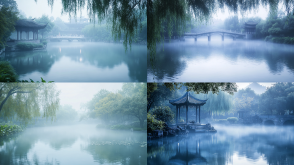 清凉夏日，雨后，空气中弥漫着雾气，风吹过运河，激起了涟漪；在中国传统山水画的风格中，用淡青色和浅灰色调，池塘、反射、仙境、雄伟、植物、宏伟、神秘、温暖、深刻、长焦镜头、自然光、正面拍摄、光影游戏、疯狂细节、美丽诗意的氛围、远景，真实风景，唯美意境，高清品质