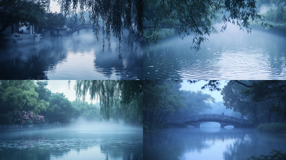 清凉夏日，雨后，夜色迷人，空气中弥漫着雾气，风吹过运河，激起了涟漪；在中国传统山水画的风格中，用淡青色和浅灰色调，池塘、反射、仙境、雄伟、植物、宏伟、神秘、温暖、深刻、长焦镜头、自然光、正面拍摄、光影游戏、疯狂细节、美丽诗意的氛围、远景，真实风景，唯美意境，高清品质