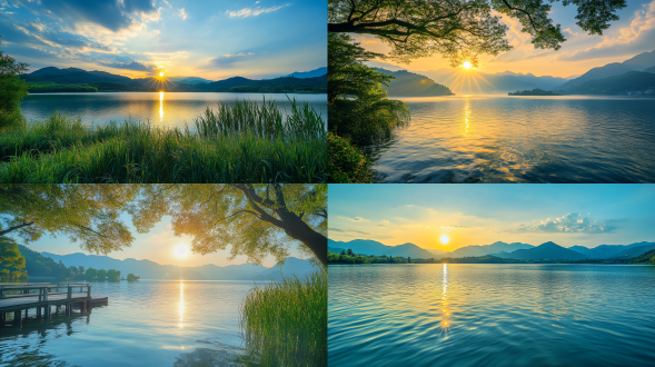 清凉夏日，西湖，夕阳西下，湖面清澈，阳光灿烂，天空湛蓝，阳光洒在湖面和山丘上，美丽的光影，安静，远景，真实风景，唯美意境，高清品质