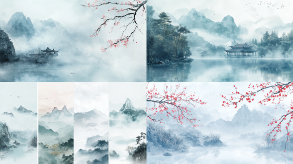 中国传统山水画以淡蓝色为背景，具有中国画的风格，有山水画、水彩画、浅灰色和深灰色、深白色、浅绿色、32k、宣纸、中国古代凯美学、宋代，唯美意境，高清品质