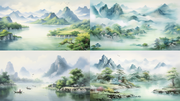 中国传统山水画，以淡绿色为背景，具有中国画的风格，有山水画、水彩画、宋代，唯美意境，高清品质