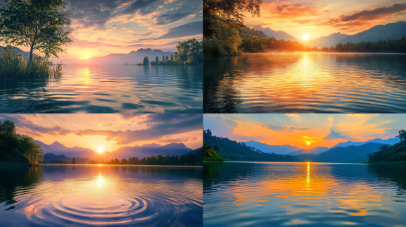 夏日清凉，宁静的湖畔，宁静的日落，水面映照出天空的鲜艳色彩。太阳落在远山和茂密树木的背景下，营造出一种神奇而浪漫的氛围。湖面上轻柔的涟漪增添了宁静，以精致的细节和高清晰度捕捉到，远景，真实风景，唯美意境，高清品质