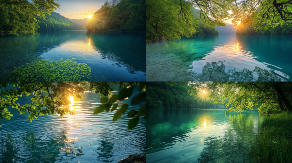 夏日清凉，雨后，夕阳西下，在美丽的绿松石色湖水，水面上挂着清澈的绿植。阳光在清澈的水面上的反射会产生涟漪和光线折射。春天，郁郁葱葱的树木创造了迷人的自然景观。这个风景如画的场景是以专业摄影师的风格使用高清相机拍摄的，俯拍，远景，真实风景，唯美意境，高清品质