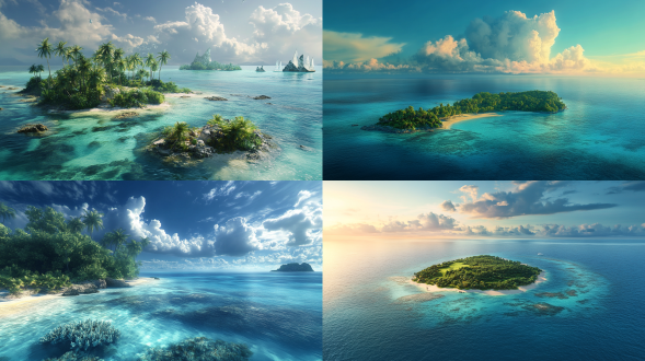 夏日清凉，雨后清晨，一个宁静的热带岛屿场景,岛屿被一片宁静的海水包围,海水中的礁石清晰可见,，俯拍，远景，真实风景，唯美意境，高清品质