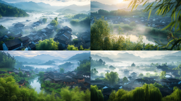 夏日清凉，雨后清晨，人间仙境，古镇，竹子，柳树，雾气蒙蒙，仙境，秀美风景，广阔视野，色彩饱满，超高清超广角，俯拍，远景，真实风景，唯美意境，高清品质