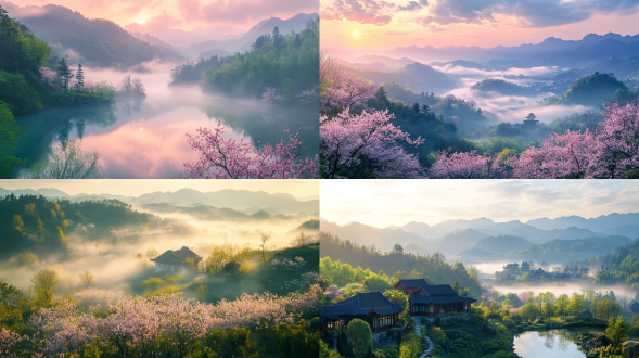 夏日清凉，雨后清晨，第一缕阳光，人间仙境，桃花院，雾气蒙蒙，仙境，秀美风景，广阔视野，色彩饱满，超高清超广角，俯拍，远景，真实风景，唯美意境，高清品质