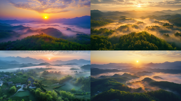 夏日清凉，雨后黄昏，夕阳西下，人间仙境，桃花院，雾气蒙蒙，仙境，秀美风景，广阔视野，色彩饱满，超高清超广角，俯拍，远景，真实风景，唯美意境，高清品质