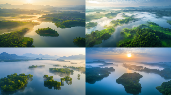 夏日清凉，雨后清晨，江南，湖泊，远处山，人间仙境，雾气蒙蒙，仙境，秀美风景，广阔视野，色彩饱满，超高清超广角，俯拍，远景，真实风景，唯美意境，高清品质