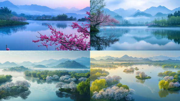 夏日清凉，雨后清晨，江南，湖泊，梅花树，远处山，人间仙境，雾气蒙蒙，仙境，秀美风景，广阔视野，色彩饱满，超高清超广角，真实风景，唯美意境，高清品质