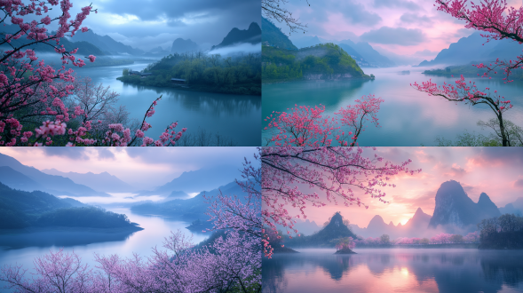 雨后黄昏，江南，湖泊，梨花，远处山，人间仙境，雾气蒙蒙，仙境，秀美风景，广阔视野，色彩饱满，超高清超广角，真实风景，唯美意境，高清品质