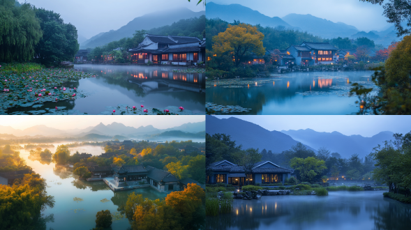 初秋，雨后黄昏，江南，湖泊，庭院，远处山，人间仙境，雾气蒙蒙，仙境，秀美风景，色彩饱满，超高清超广角，真实风景，唯美意境，高清品质