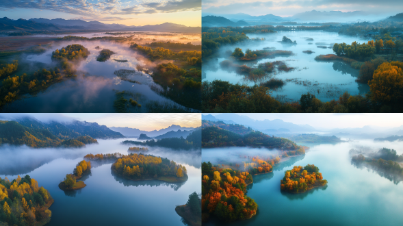 初秋，雨后黄昏，张掖平山湖，人间仙境，雾气蒙蒙，仙境，秀美风景，色彩饱满，超高清超广角，俯拍，远景，真实风景，唯美意境，高清品质