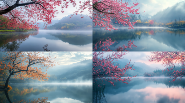 初秋，雨后清晨，第一缕阳光，梅花，湖泊，倒影，人间仙境，雾气蒙蒙，仙境，秀美风景，色彩饱满，超高清超广角，俯拍，远景，真实风景，唯美意境，高清品质