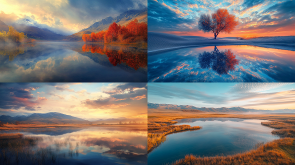 初秋，雨后黄昏，沙漠美景，湖泊，倒影，人间仙境，雾气蒙蒙，仙境，秀美风景，色彩饱满，超高清超广角，俯拍，远景，真实风景，唯美意境，高清品质