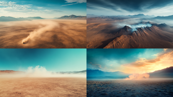 大漠孤烟，，雾气蒙蒙，色彩饱满，超高清超广角，俯拍，远景，真实风景，唯美意境，高清品质