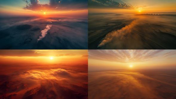 夕阳西下，大漠孤烟，，雾气蒙蒙，色彩饱满，超高清超广角，俯拍，远景，真实风景，唯美意境，高清品质