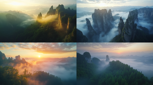 初秋，黄昏，张家界美景，人间仙境，雾气蒙蒙，仙境，秀美风景，色彩饱满，超高清超广角，俯拍，远景，真实风景，唯美意境，高清品质