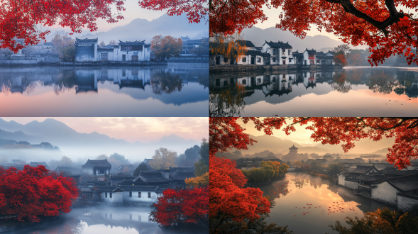 黄昏，宏村，秋天的乌桕树叶变红，映着徽派建筑的马头墙，极其优美，人间仙境，雾气蒙蒙，仙境，秀美风景，色彩饱满，超高清超广角，俯拍，远景，真实风景，唯美意境，高清品质