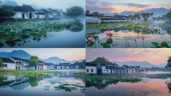 初夏，清晨，宏村，荷花，映着徽派建筑的马头墙，极其优美，人间仙境，雾气蒙蒙，仙境，秀美风景，色彩饱满，超高清超广角，俯拍，远景，真实风景，唯美意境，高清品质