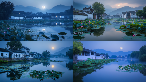 初夏，皎洁的月光，宏村，荷花，映着徽派建筑的马头墙，极其优美，人间仙境，雾气蒙蒙，仙境，秀美风景，色彩饱满，超高清超广角，俯拍，远景，真实风景，唯美意境，高清品质