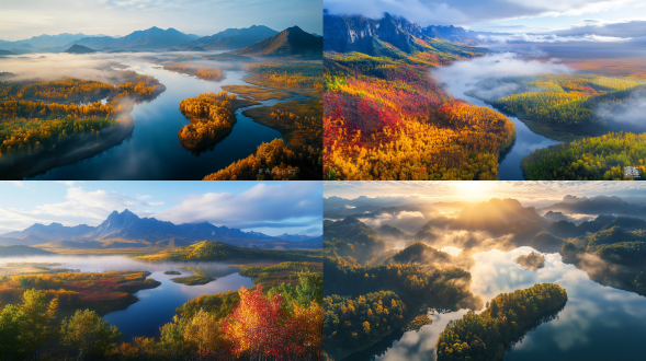 初秋，清晨，第一缕阳光，长白山，斑斓色彩成为人间的主旋律，河流，倒影，大面积天空，极其优美，人间仙境，雾气蒙蒙，仙境，秀美风景，色彩饱满，超高清超广角，俯拍，远景，真实风景，唯美意境，高清品质