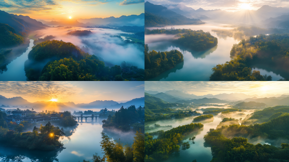 初秋，清晨，第一缕阳光，都江堰，大面积天空，极其优美，人间仙境，雾气蒙蒙，仙境，秀美风景，色彩饱满，超高清超广角，俯拍，远景，真实风景，唯美意境，高清品质