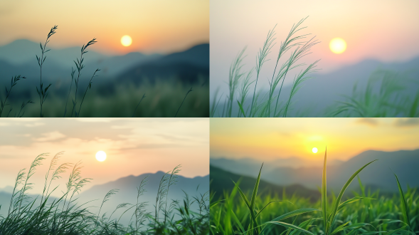 初秋，夕阳西下，国画风格，毛笔勾勒，近处绿色草丛，远处若隐若现的高山，柔和光线，长焦镜头，动态模糊，自然环境，超级特写，水墨效果，宁静，远景，淡雅色彩，中国传统，静谧，山水意境，唯美意境，高清品质