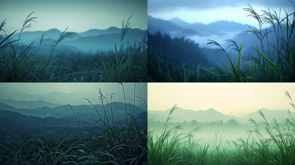 初秋，夜色，国画风格，毛笔勾勒，近处绿色草丛，远处若隐若现的高山，柔和光线，长焦镜头，动态模糊，自然环境，超级特写，水墨效果，宁静，远景，淡雅色彩，中国传统，静谧，山水意境，唯美意境，高清品质