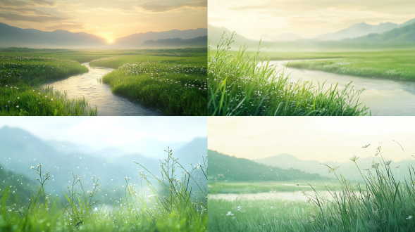初秋，雨后清晨，第一缕阳光，国画风格，毛笔勾勒，近处绿色草丛，小花朵，远处若隐若现的高山，大面积天空，蜿蜒的小溪，柔和光线，长焦镜头，动态模糊，自然环境，超级特写，水墨效果，宁静，远景，淡雅色彩，中国传统，静谧，山水意境，真实风景拍摄，唯美意境，高清品质
