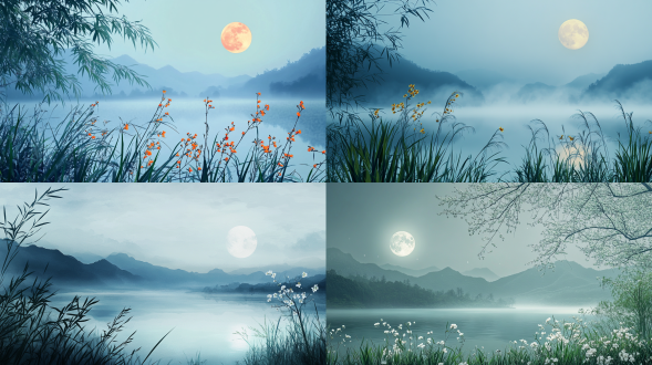 初秋，雨后，夜晚，明月，国画风格，毛笔勾勒，近处绿色草丛，桂花，远处若隐若现的高山，大面积天空，湖畔，柔和光线，长焦镜头，动态模糊，自然环境，超级特写，水墨效果，宁静，淡雅色彩，中国传统，静谧，山水意境，人间仙境，雾气蒙蒙，仙境，秀美风景，色彩饱满，超高清超广角，俯拍，真实风景拍摄，唯美意境，高清品质