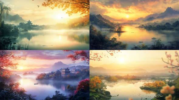 初秋，雨后、夕阳西下，国画风格，阳光照耀着柔滑的湖面，远处是古镇，小溪，大面积天空，高清品质人间仙境，雾气蒙蒙，仙境，秀美风景，色彩饱满，超高清超广角，远景，唯美意境，高清品质