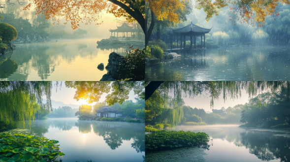 初秋，雨后清晨，国画风格，阳光照耀着柔滑的湖面，远处苏州园林，小溪，大面积天空，高清品质人间仙境，雾气蒙蒙，仙境，秀美风景，色彩饱满，超高清超广角，远景，唯美意境，高清品质