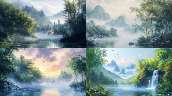 初秋，雨后，清晨，国画风格，竹林，泉水，大面积天空，高清品质人间仙境，雾气蒙蒙，仙境，秀美风景，色彩饱满，远景，真实风景怕是，唯美意境，高清品质