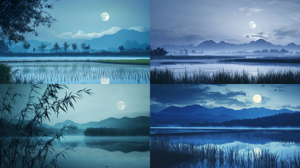 初秋，雨后，夜晚，明月，国画风格，毛笔勾勒，近处是水稻，远处若隐若现的高山，大面积天空，湖畔，柔和光线，长焦镜头，动态模糊，自然环境，超级特写，水墨效果，宁静，淡雅色彩，中国传统，静谧，山水意境，人间仙境，雾气蒙蒙，仙境，秀美风景，色彩饱满，超高清超广角，俯拍，真实风景拍摄，唯美意境，高清品质