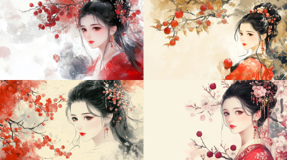 古风水墨画，杨贵妃，卡通，萌萌的形象，在宫廷宴会上品尝的那颗鲜美荔枝