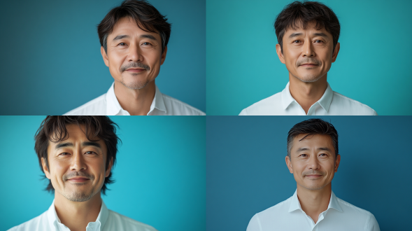 高细节，半身镜头，完美的脸，一个中国中年男人，有一点点小胡子，带着点忧郁，大师作品，最好画质，8k分辨率，精致的五官，自然光，面向观者，丁达尔效应，更高质量，超高分辨率，微笑，棕发，斜刘海，白色衬衣，背景纯蓝色，电影级光，真实风景拍摄，高清品质