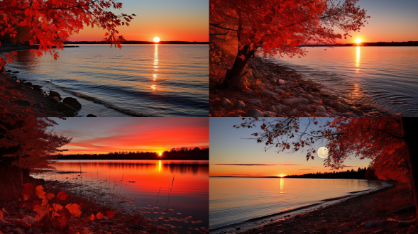 深秋，夕阳映照在湖面，明月高悬，两岸枫叶红了，夕阳倒影在水面上，飒飒秋风，牧笛声声，芦花飞扬。湖水碧蓝，沙滩幽静，瓜果飘香，国画风格，毛笔勾勒，柔和光线，长焦镜头，动态模糊，大面积天空，，俯拍，远景，真实风景拍摄，唯美意境，高清品质