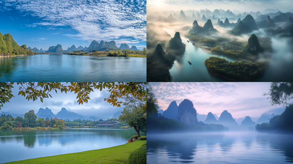 初秋，清晨，山水桂林，碧水蓝天，奇峰怪石，峰峦起伏，千年 karst 地貌，优美的山水风光，极佳的摄影画面，中国传统文化元素，历史、自然、文化的完美融合，龙脉传说，千古瑰宝，飘逸动人的笛子曲，诗情画意，桂林山水甲天下，大自然的鬼斧神工，美轮美奂的灯光秀，四季风姿各异的桂林，金秋桂林叶慢慢变黄，漫天桂花香，春天桂林处处是花海，夏天漓江上漂流，秋天寻找桂花，冬天感受冰雪中的桂林盛景。真实风景拍摄，唯美意境，高清品质